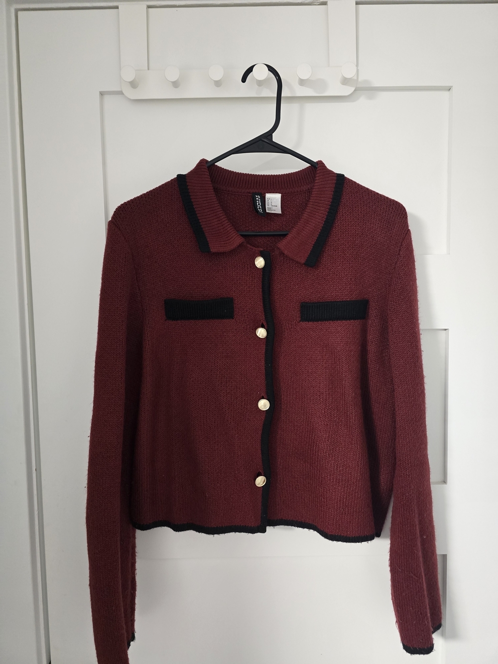 H&M Burgundy Cropped Cardigan with Black Trim and Gold Buttons